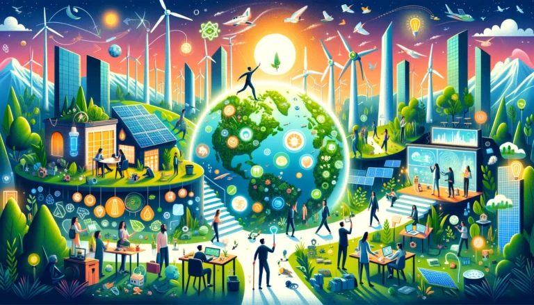 DALL·E 2024-04-02 23.02.58 - Create a 1280x720 illustration that encapsulates 'Eco-Conscious Living for Gen-Z_ Merging Sustainability with Career Goals'